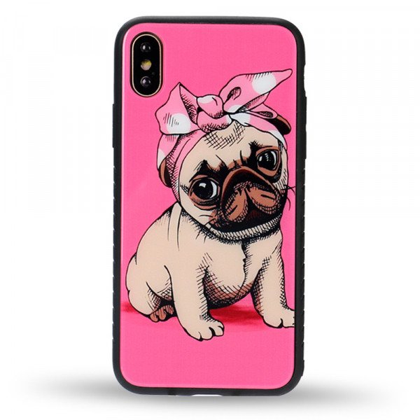 Wholesale iPhone XS / X Design Tempered Glass Hybrid Case (Puppy Pug)